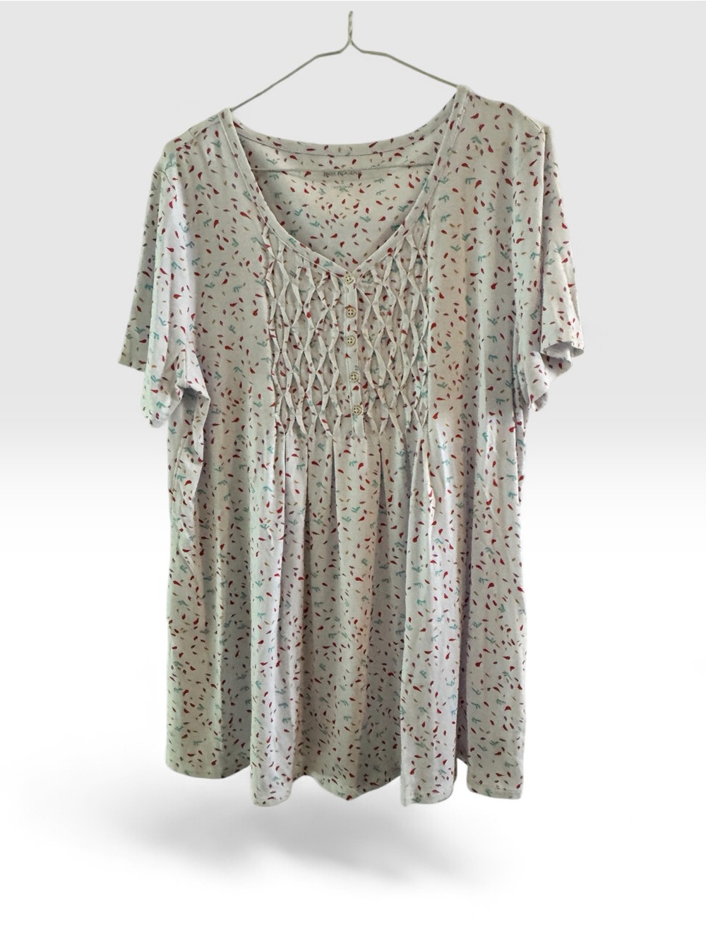 Kim Rogers fun print soft knit Short-Sleeve Tunic/Henley with accent buttons